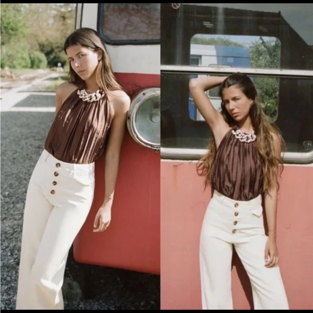 Zara High-waisted cotton linen mix straight pants wide leg trousers